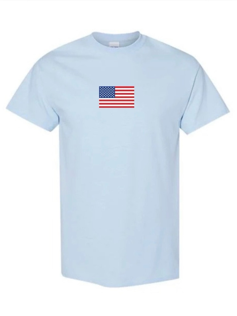 Light Blue Short Sleeve Tee with Small American Flag Graphic